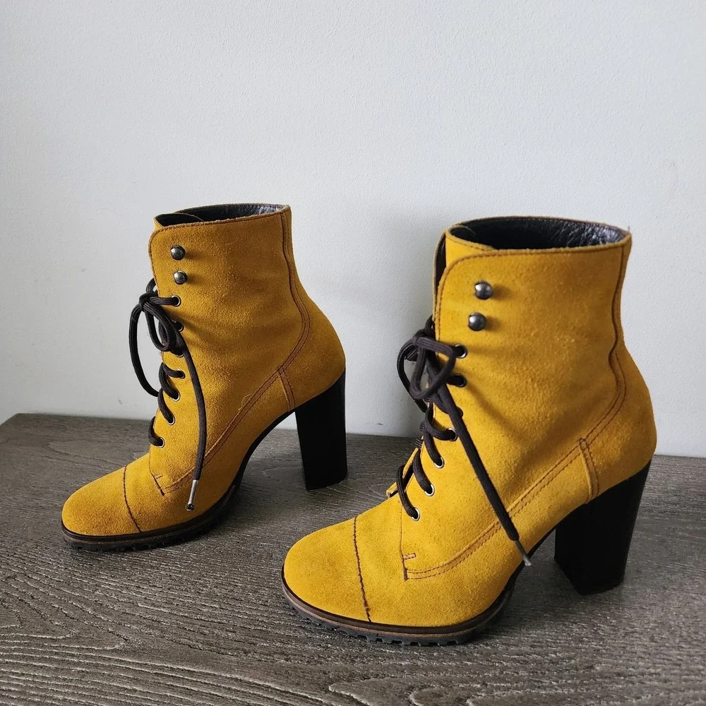 Miu Miu Mustard Yellow Suede Ankle Bootie Combat US 5.5 EU 35.5 Y2K Whimsigoth